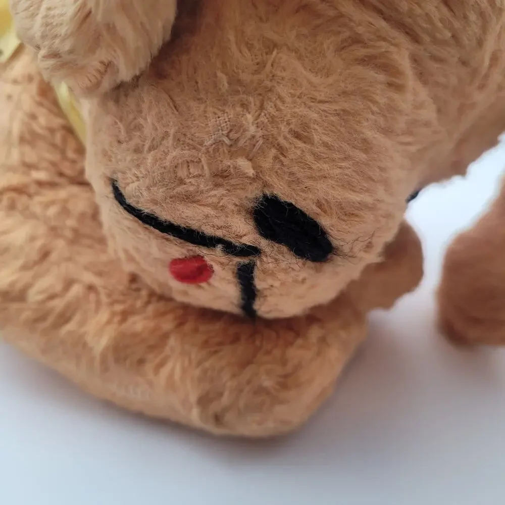 Vintage 1960s Carnival Prize Sleeping Puppy Dog Plush Yellow Ribbon Felt Eyes